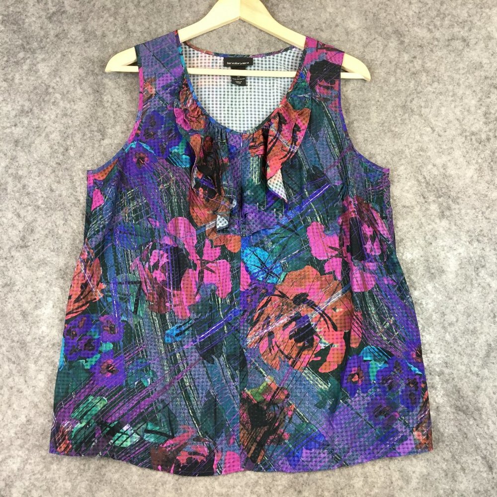 Lane Bryant Top 14 Blouse Floral Ruffle Scoop Neck Sleeveless Tan Career Casual